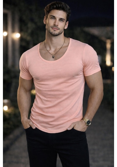 Bybülent Erkek Oval Yaka Tişört Açık Yaka Likralı Slim Fit T-shirt Pembe