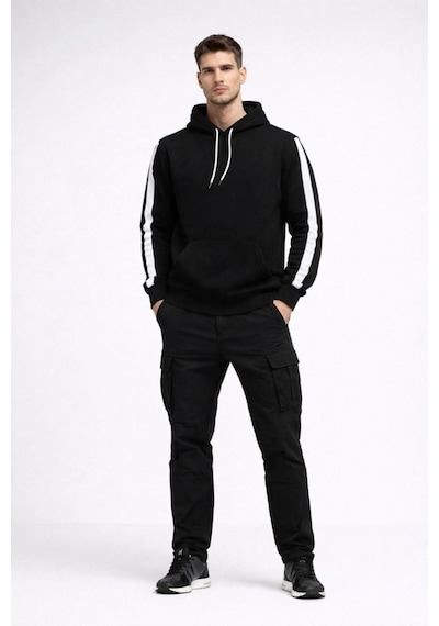 Erkek Şeritli Kapüşonlu Sweatshirt Oversize 3 İplik Pamuklu Hoodie - Siyah