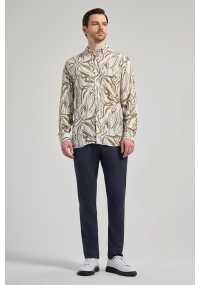 İmza Koyu Haki Uzun Kol Baskılı Bez Ayağı Düğmeli Yaka Cepsiz Casual Slim Fit Gömlek 1004250138 720 Koyu Haki