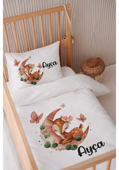%100 Pamuk Saten Isme Özel Isimli 100x150 Bebek Yatak Nevresim Seti Ayda Uyuyan Ceylan