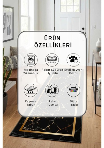 Yıkanabilir Yolluk 8 Siyah - Gold
