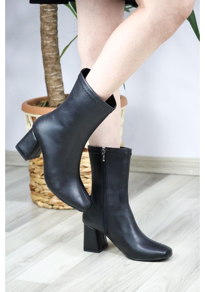 Asmi Shoes Kadın Siyah Cilt Lumos Küt Burun Topuklu Fermuarlı Bot Siyah Cilt Siyah