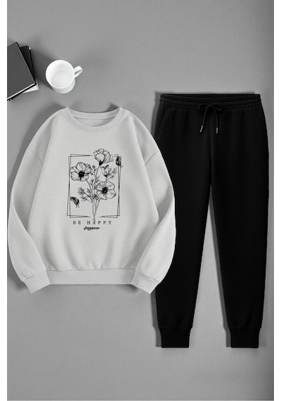 Uyguntarz Unisex Kurdele Tasarım Baskılı Bisiklet Yaka Sweatshirt 2'li Eşofman Takımı Gri