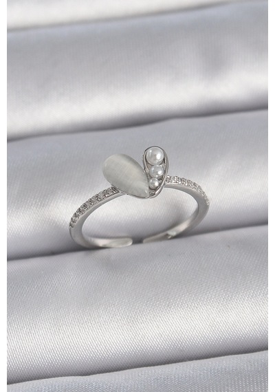 Pirinç Gümüş Renk Ayarlanabilir Zirkon Taşlı İncili Beyaz Mineli Kalp Model Kadın Yüzük 5886 Çok Renkli