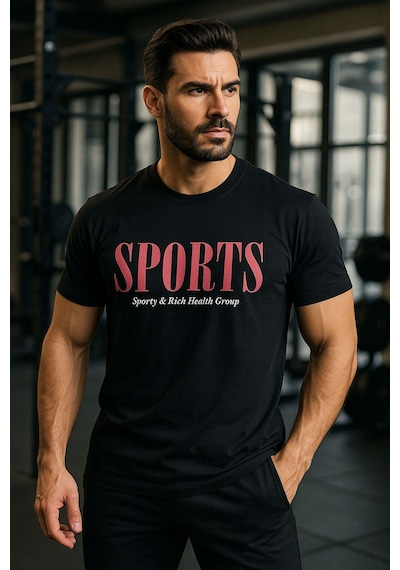 Rich Erkek Siyah Basic T-shirt Baskılı Slim Fit %100 Pamuk Tişört SIYAH