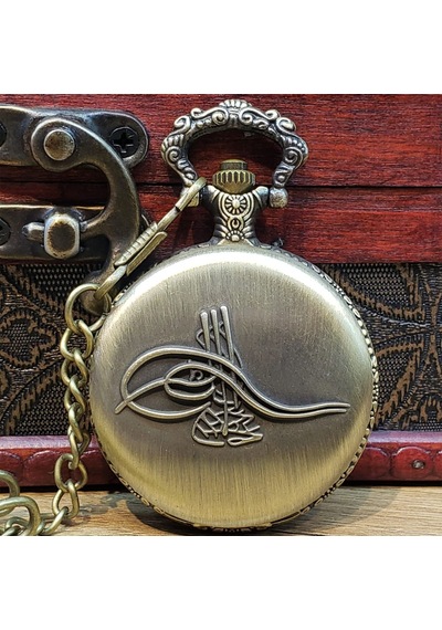 Osmanlı Tuğralı Antik Köstekli Cep Saati Zincirli Vintage Nostaljik Saat 4,5 Cm
