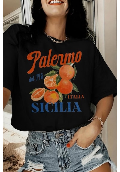 Palermo Sicilya Portakal Temalı Bisiklet Yaka Pamuklu Oversize T-shirt SIYAH