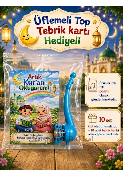 Kur'an Okuyorum Hediyesi 10 Set Kur'an Kursu-hatim Töreni Hatırası Pipo Şeklinde Üflemeli Top Tebrik Kartı Hediyeli