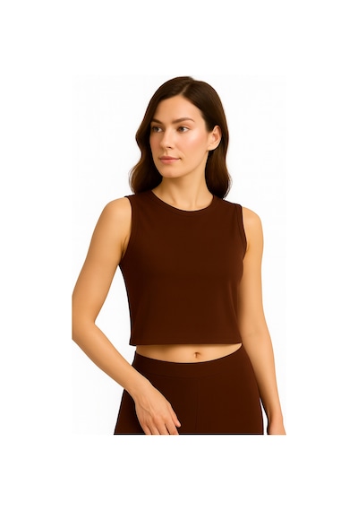 İngegno Body Bisiklet Yaka Sıfır Kol Crop %95 Viskon Ring Örme Kumaş Body Kahverengi
