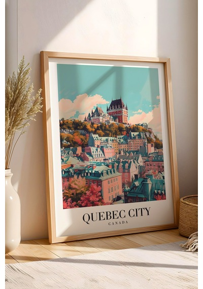 Quebec City Canada Vintage Seyahat Posteri Çerçeveli Tablo - Premium Şato Manzaralı Duvar Dekoru Kayın