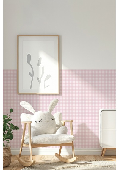 Ekose Desenli Duvar Sticker Yarım Kaplama Duvar Kağıdı Görünümlü Sticker 54x109 Cm Ekoseli Pembe Ton Dijital Baskı
