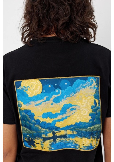 Yapay Zeka Tasarım Sırt Aplike Özel Baskılı %100 Pamuklu Penye Regular Fit T-shirt Vangogh SIYAH