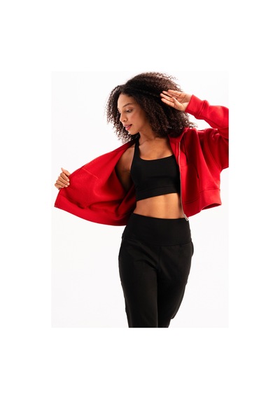Justever Crop Kapüşonlu Fermuarlı Kanguru Cepli Şardonlu Hoodie Kırmızı Kadın Sweatshirt - Lumen Kırmızı