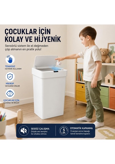 Tr 50 Litre Sensörlü Çöp Kovası, Otomatik Temassız Akıllı Çöp Kutusu, Dokunmatik Açma Özellikli, Sessiz Kapa