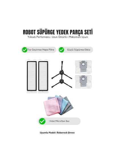 Roborock Qrevo İle Uyumlu 2 Siyah Yan Fırça 2 Filtre 2 Toz Torbası 1 Temizlik Bezi 13.0