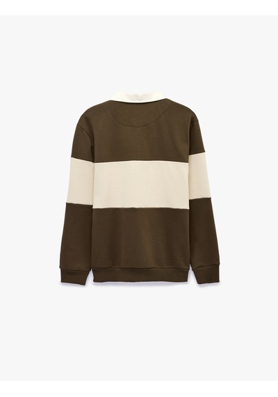 Koton Renk Bloklu Nakışlı Polo Yaka Uzun Kollu Sweatshirt Kahverengi 7wam70026mk Kahve