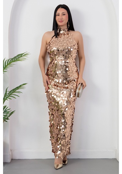 Kalopya Halter Yaka Büyük Pullu Elbise Abiye Ecr6094 Gold