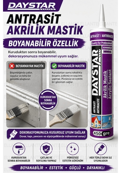 Daystar Antrasit Akrilik Mastik 450 Gr Boyanabilir Çatlak Ve Boşluk Dolgu Malzemesi Güçlü Yapışma Çok Renkli