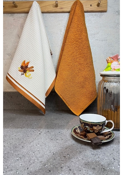 2 Li Mutfak Havlusu Portakal & Tarçın Nakışlı Kurulama Bezleri - 40x60 Cm Kiremit