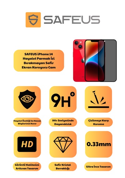 Safeus Tam Kaplayan Hayalet Parmak İzi Bırakmayan Safir Ekran Koruyucu Cam , Apple Uyumlu iPhone 14 İle