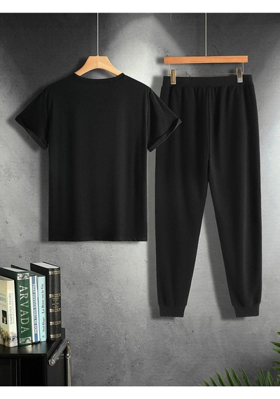 Kanat T-shirt Eşofman Altı Jogger - Siyah Baskılı Alt Üst Takım Oversize Bisiklet Yaka Siyah