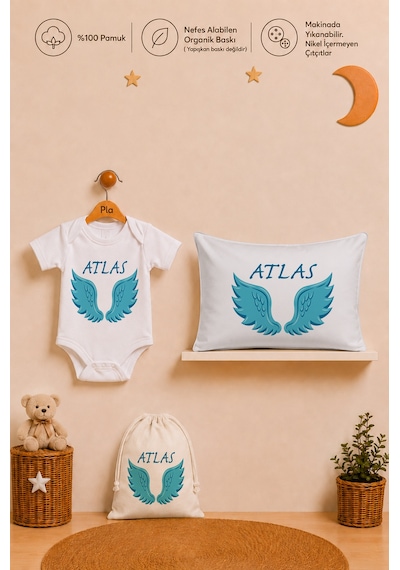 Pia Baby Erkek Bebek İsme Özel Hediye Seti %100 Pamuk Body Yastık Kılıfı Ve Ham Bez Bebek Kıyafet Kesesi 2017byk2x Ekru