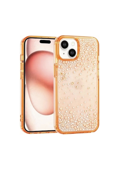 Apple iPhone Uyumlu 15 Kılıf Airbag Tasarımlı Damla Taşlı Şeffaf Zore Pera Silikon Kapak - Turuncu