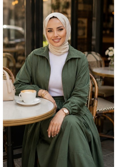 Hb Harma Time Butik Kadın Fermuarlı Çilek Kumaş Haki Ceket Etek İkili Takım