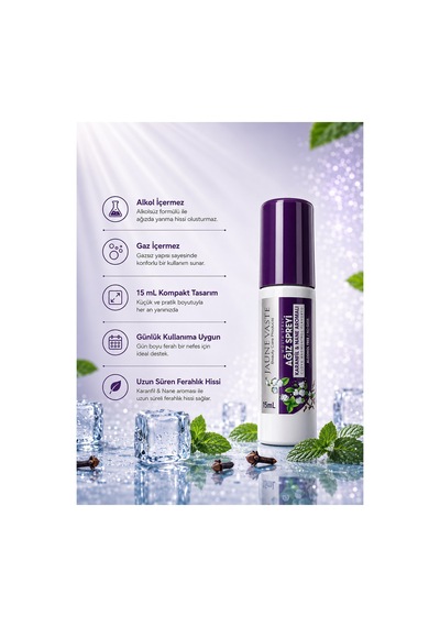 Ağız Spreyi - Ağız Kokusu Giderici, Ferah Nefes, Karanfil & Nane Aromalı, Alkolsüz & Gazsız, 15 Ml