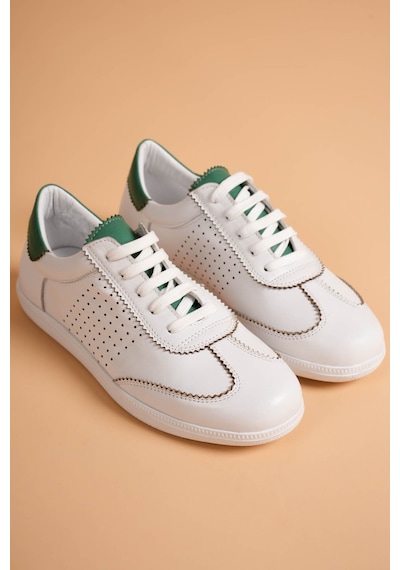 Analin Shoes Kadın Hakiki Deri Bağcıklı Süet Detaylı Spor Ayakkabı Beyaz - Yeşil