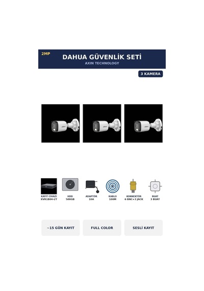 3 Kameralı 2mp Güvenlik Kamera Seti Gece Renkli Full Color Sesli Bullet 500gb 15 Gün Kayıt