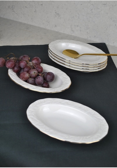 6'lı Gold Yaldızlı Porselen Kayık Tabak 12x19 Cm Sunum Tabağı Orta Boy Beyaz