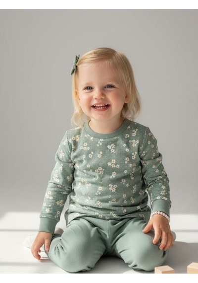 Zekids Kız Çocuk Pamuklu Çiçek Desenli Pijama Takımı-16851 Mint