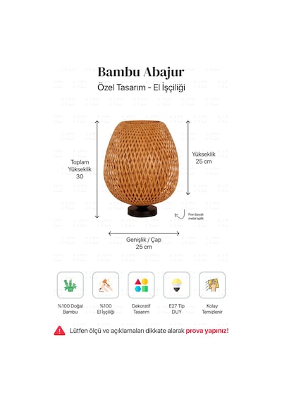 Boja Bambu Abajur, Masa Lambası 25x25x30 Cm İskandinav, Modern, Bohem, Rattan, Aydınlatma