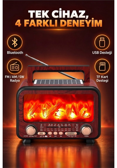 Şömine Efektli Retro Radyo Ve Bluetooth Hoparlör Solar Güneş Enerjili, Alev Işıklı, Taşınabilir Nostaljik Kamp Radyosu Kahverengi - 936928908