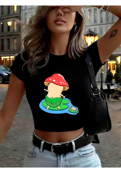 Noıssey Banyo Mantarı Baskı Kadın Kırpma T-shirt Yaz Yüksek Elastik Yumuşak Üstler Uydurma İnce Kısa Siyah