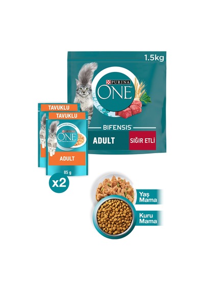 Purına One Adult Sığır Etli Tam Tahıllı Yetişkin Kedi Maması 1500 G + Tavuklu Yaş Kedi Maması 2 x 85 G