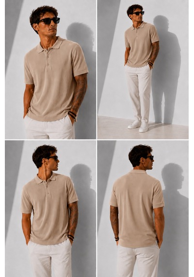 Ribana Erkek Kısa Kollu Fitilli Yarım Düğme Kapama Polo Yaka T-shirt 26001 A.kahve