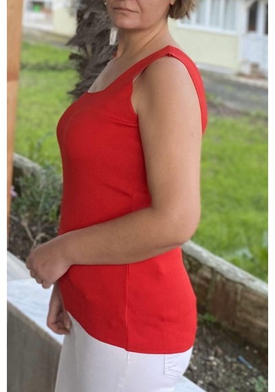 Mia Butik Büyük Beden Kırmızı Kare Yaka Triko Bluz-1341 Kırmızı