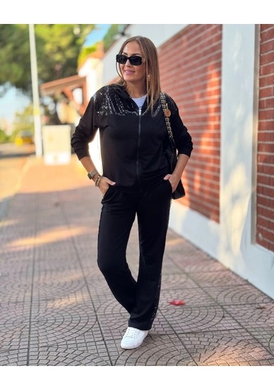 Defymoda Kadın Iki Iplik Kumaş Pul Ve Fermuar Detaylı Ikili Takım Siyah