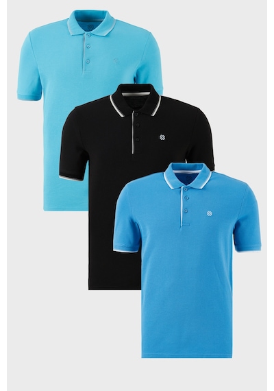 Buratti Pamuklu Slim Fit Şerit Detaylı Düğmeli Polo Yaka 3'Lü Paket Erkek T Shirt 5902118S3 Aquamavi-Koyu Mavi-Siyah Beyaz