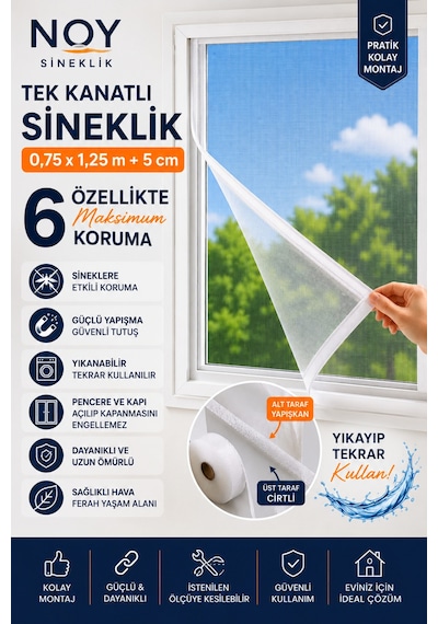 Sineklik Pencere Sinekliği Yapışkanlı Cırtlı Sinek Perdesi Yıkanabilir Tekrar Kullanılabilir 75x125 Cm