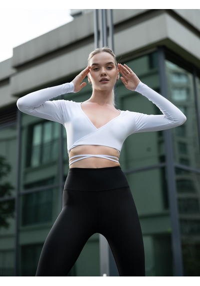 Lismina V Yaka Uzun Kollu Beli Bağcıklı Spor Crop Tişört Beyaz