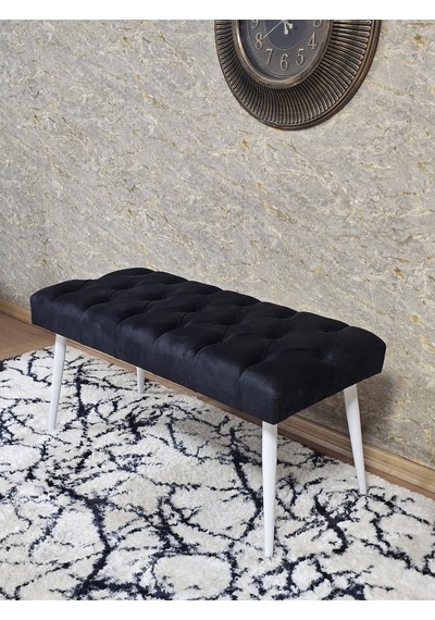 Zafir Beyaz Boyalı Sivriltme Ayaklı 90 Cm Puf Bench - Puf - Bench - Kasalı Oturak - Oturak - Yatak Ucu Puf Siyah