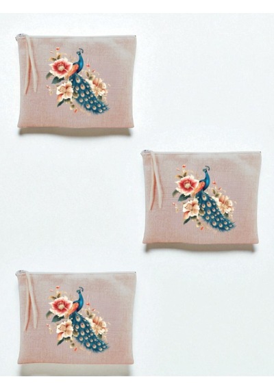 Tavus Kuşu Baskılı 3'lü Makyaj Çantası 20x25 Cm - Büyük Makyaj Çantası