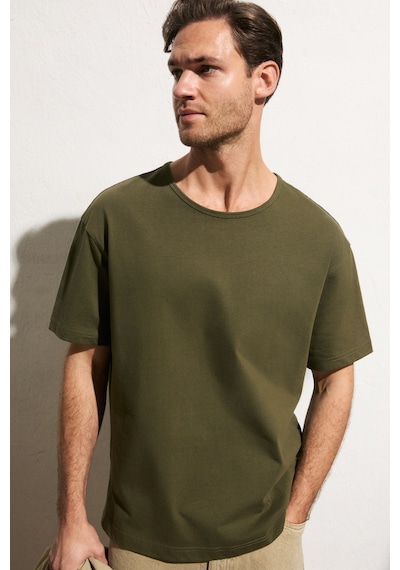 Grimelange Axıon Erkek %100 Organik Pamuklu Yuvarlak Yakalı Regular Fit Haki T-shirt