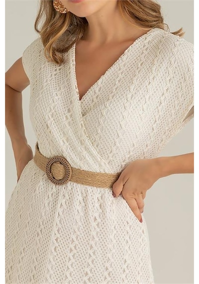 Neşeli Butik Kadın Ekru Hasır Kemerli Dantel Elbise Dk0001 Ekru