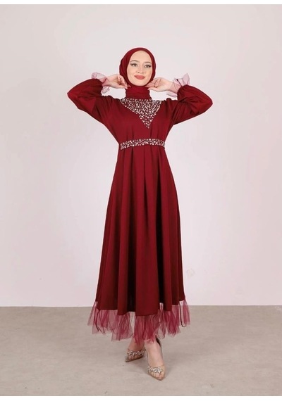 Lovie Moda Kadın V Taşlı Özel Gün Elbisesi Kırmızı