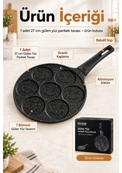 Kochler Gülen Yüz 7 Bölmeli 27 Cm Granit Kaplama Alüminyum Döküm Pankek Tavası Siyah