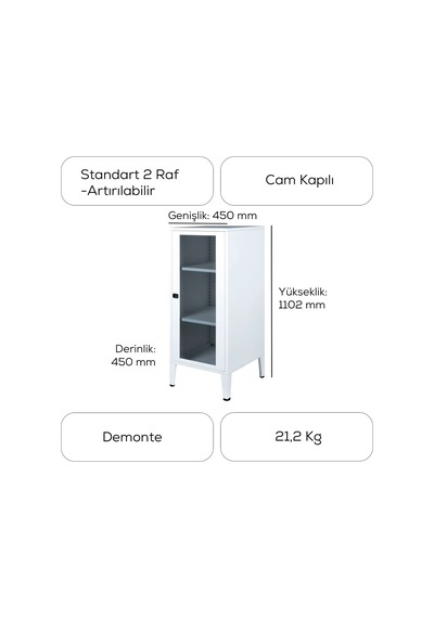 Alfahome Ziglat Serisi Cam Kapaklı Kilitli Metal Home Office Dolabı Beyaz Ral 9003 450x940x450 Mm Gri-beyaz